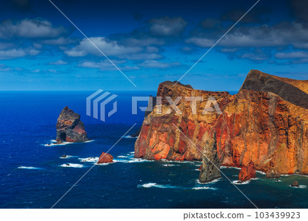 Volcanic sea cliffs of the Sao Lourenco peninsula, eastern Madeira, Portugal, Atlantic Ocean Volcanic sea cliffs of the Sao Lourenco peninsula, eastern Madeira, Portugal, Atlantic Ocean 103439923