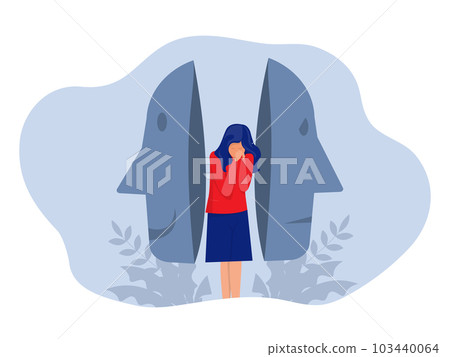 Businesswoman holding masks different masks happy and sad imposter syndrome; Bipolar disorder; fake faces and emotions. psychology; false behavior or deceiver.vector illustrator 103440064