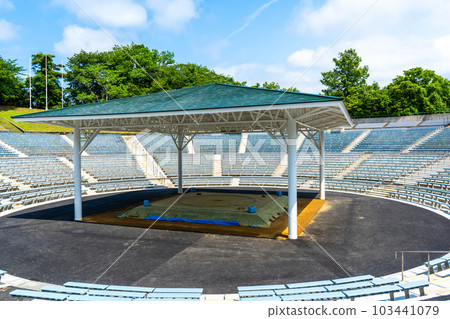 A sunny blue sky and a renovated sumo wrestling hall on Mt. Utatsu | Sacred place for high school sumo | Dohyo image | 103441079