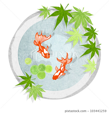 Japanese paper watercolor style Goldfish icon swimming in a stone bowl seen from above 103441259