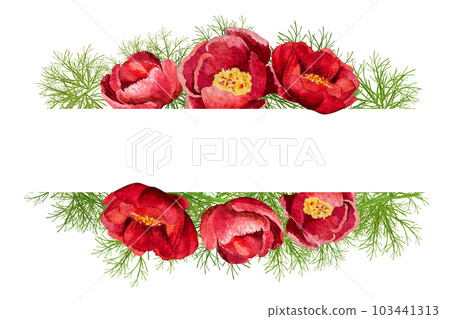 watercolor illustration of frame and card peonies thin-leaved on a white background watercolor illustration of frame and card peonies thin-leaved on a white background 103441313