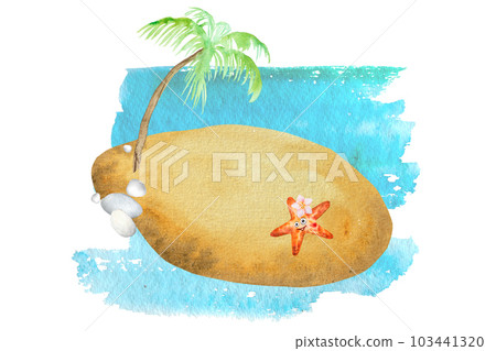 Watercolor illustration top view starfish sand beach ,shells,blue wave.Beautiful postcard or background. Watercolor illustration top view starfish sand beach ,shells,blue wave.Beautiful postcard or background. 103441320