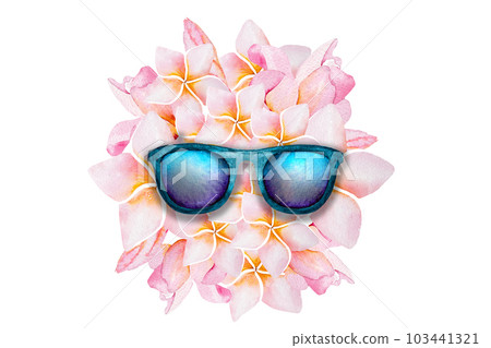 Watercolor illustration of a bouquet of plumeria flowers and green gumshoes, plumeria flowers and gumshoes. 103441321