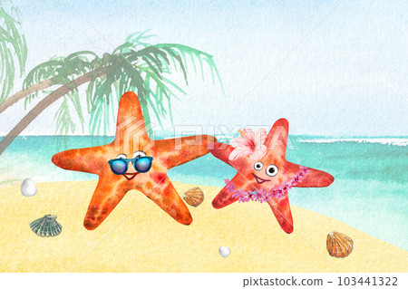 Watercolor illustration top view starfish sand beach ,shells,blue wave.Beautiful postcard or background. 103441322