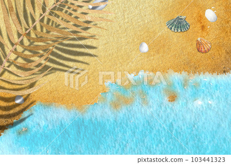 Watercolor illustration top view sand beach ,shells,blue wave.Beautiful postcard or background 103441323