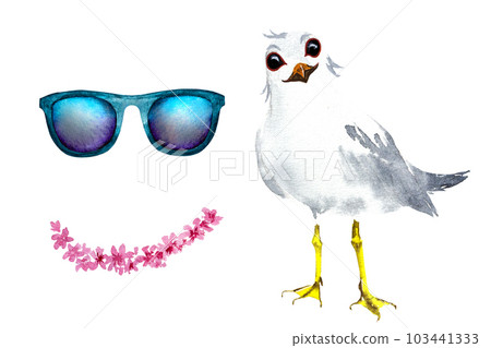Watercolor illustration of a cartoon seagull. Seagull with glasses, watercolor drawing, on a white background 103441333