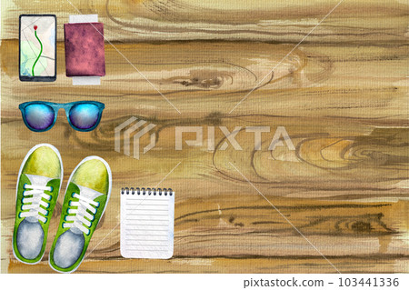 Watercolor illustration passport and boarding pass,and sunglasses,notebook and phone and sneakers on a wooden background Watercolor illustration passport and boarding pass,and sunglasses,notebook and phone and sneakers on a wooden background 103441336