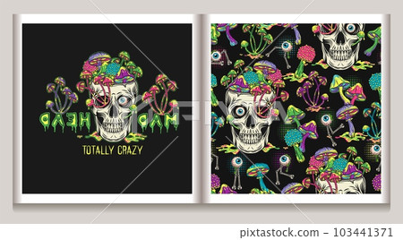 Pattern, label with eye monsters, mushrooms, mad human skull without top like cup, bowl full of growing through mushrooms. Fantasy surreal illustration for groovy, hippie, mystical, psychedelic design 103441371