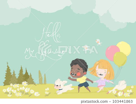 Happy Kids running on Meadow with Funny Goose and Cute Dog Happy Kids running on Meadow with Funny Goose and Cute Dog 103441863