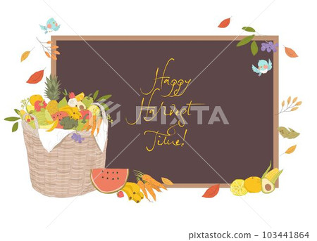 Background Illustration of Cartoon Basket with Fruits and Vegetables. Happy Harvest Time Background Illustration of Cartoon Basket with Fruits and Vegetables. Happy Harvest Time 103441864