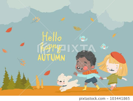 Happy Kids running on Autumn Meadow with Cute Dog Happy Kids running on Autumn Meadow with Cute Dog 103441865