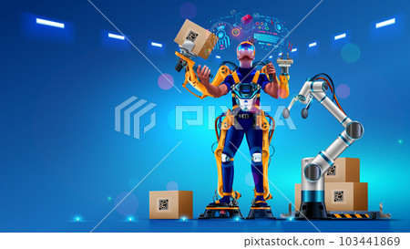Engineer is working in futuristic bionic exoskeleton and picking up boxes on factory. Robotic exosuit on worker in warehouse. Sci-fi concept exoskeleton suit. Future technology of delivery, logistic. 103441869