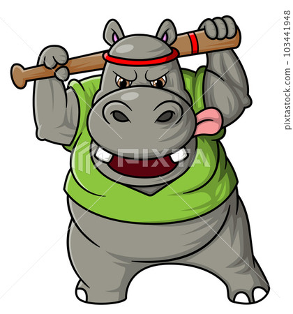 Strong Hippo standing and holding baseball bit 103441948