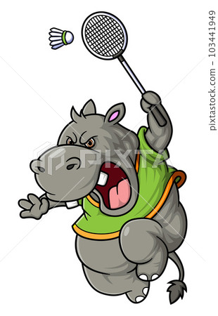 happy cute hippopotamus play train badminton happy cute hippopotamus play train badminton 103441949
