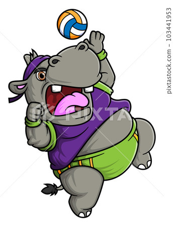 happy cute hippopotamus playing volleyball happy cute hippopotamus playing volleyball 103441953