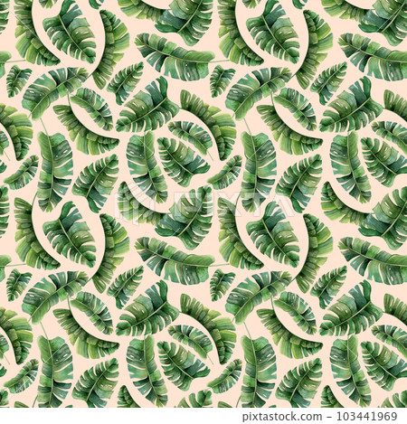Tropical palm leaves in jungle watercolor seamless pattern on light beige background with green rainforest plants. Hand drawn exotic nature for prints, fabric or wallpapers Tropical palm leaves in jungle watercolor seamless pattern on light beige background with green rainforest plants. Hand drawn exotic nature for prints, fabric or wallpapers 103441969