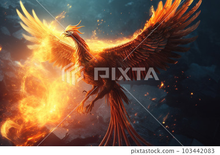 Image of the phoenix is flying burning with fire. Birds. Mythical creatures. Illustration. Generative AI. Image of the phoenix is flying burning with fire. Birds. Mythical creatures. Illustration. Generative AI. 103442083