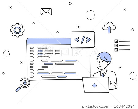 Hand-drawn line art | Programmer programming on a laptop 103442084