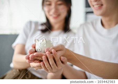 Close-up image of a lovely young Asian couple holding a small, cute piggy bank together. 103442563