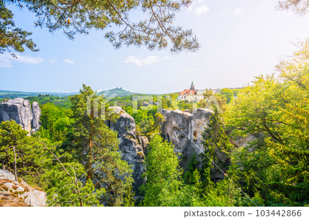 Bohemian Paradise, Czech: Cesky Raj, panorama. View of Hruba Skala Castle, Trosky Castle Ruins and sandstone rocks from Marianska Lookout on sunny summer day, Czech Republic Bohemian Paradise, Czech: Cesky Raj, panorama. View of Hruba Skala Castle, Trosky Castle Ruins and sandstone rocks from Marianska Lookout on sunny summer day, Czech Republic 103442866