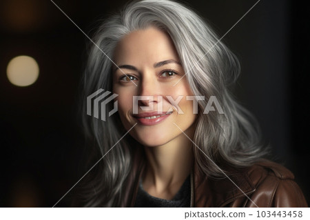 a happy young woman with grey hair in the style of smooth and polished with Generative AI 103443458