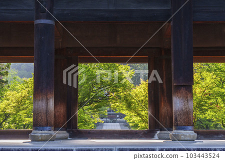 Kyoto: View of the Buddhist temple from Nanzenji's Sanmon Gate in the early morning, the season of fresh greenery Kyoto: View of the Buddhist temple from Nanzenji's Sanmon Gate in the early morning, the season of fresh greenery 103443524