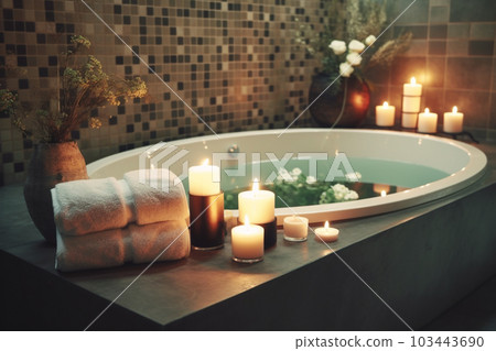 a white tub with candles and body lotions Generative AI 103443690