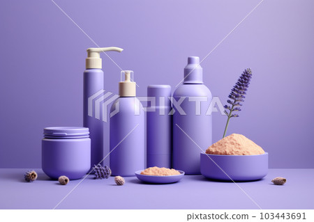 spa products on lavender background in the style of realistic Generative AI 103443691