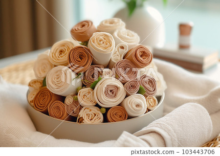 spa towels arranged on white tray with a bouquet of flowers Generative AI 103443706