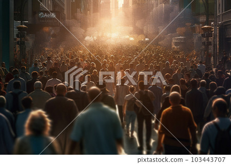 crowd of people walking in a busy road with Generative AI 103443707
