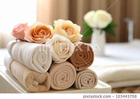 spa towels arranged on white tray with a bouquet of flowers Generative AI 103443708