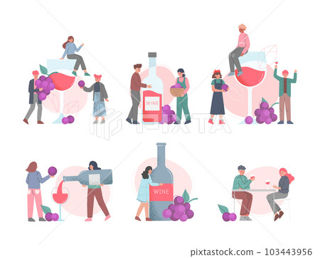 People Characters Relaxing with Red Wine Drink with Bottle and Glass Vector Set 103443956
