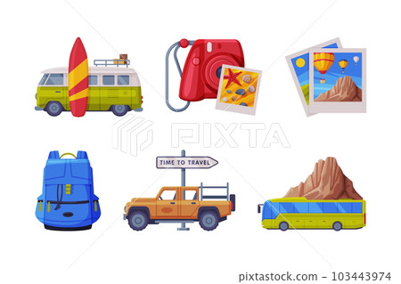 Travel Time and Tourism Symbol with Camera, Van, Backpack, Bus and Photo Shot Vector Set 103443974