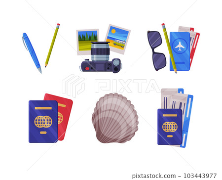 Travel Time and Tourism Symbol with Camera, Tickets, Shell, Passport and Sunglasses Vector Set Travel Time and Tourism Symbol with Camera, Tickets, Shell, Passport and Sunglasses Vector Set 103443977