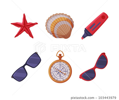 Travel Time and Tourism Symbol with Starfish, Shell, Compass and Sunglasses Vector Set 103443979