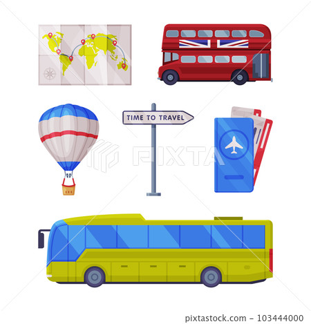 Travel Time and Tourism Symbol with Map, Bus, Tickets, Hot Air Balloon and Direction Post Vector Set 103444000
