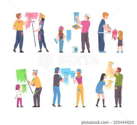 Young Family with Kid Holding Paint Roller Making Repair and Home Renovation Vector Illustration Set 103444020