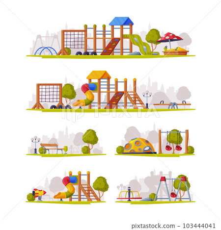 Colorful Wooden Slide with Tube and Ladder on Playground Vector Illustration Scene Set 103444041