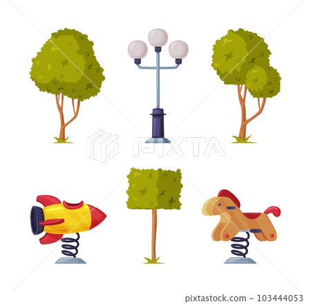 Playground Equipment with Roundabout, Lamp and Tree Vector Illustration Set Playground Equipment with Roundabout, Lamp and Tree Vector Illustration Set 103444053