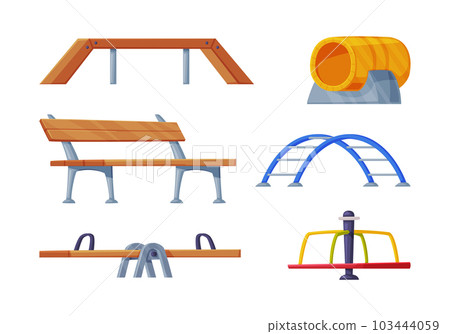 Playground Equipment with Wooden Seesaw, Bench, Tube, Ladder and Carousel Vector Set 103444059