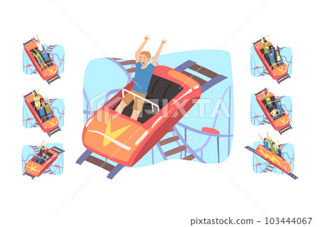 Male Friends Ride Roller Coaster in Amusement Park Vector Set Male Friends Ride Roller Coaster in Amusement Park Vector Set 103444067