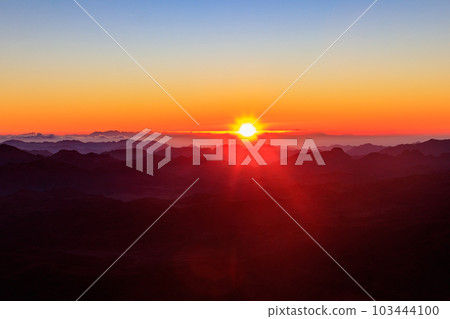 Beautiful sunrise on a top of Mount Sinai (Moses Mount) in Egypt 103444100