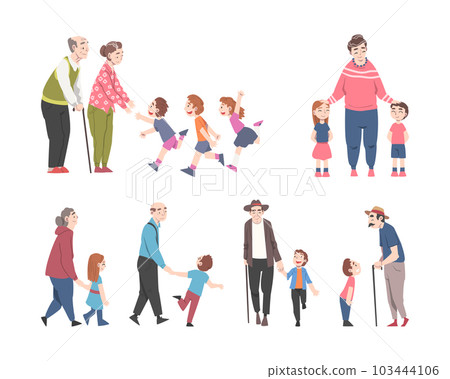 Grandpa and Grandma with GrandSon and Granddaughter Vector Illustration Set 103444106