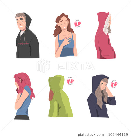 Man and Woman with Broken Hearts Suffering Because of Lost Love Vector Illustration Set 103444119