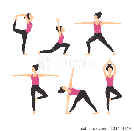 Young Woman Practicing Yoga Asanas Stretching Body Standing in Different Pose Vector Set 103444149