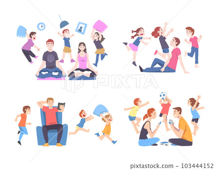 Calm Parents and Mischievous Children Running around Them Vector Set Calm Parents and Mischievous Children Running around Them Vector Set 103444152