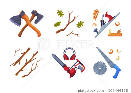Wood Chopping Equipment with Axe, Saw and Panel Vector Set Wood Chopping Equipment with Axe, Saw and Panel Vector Set 103444158