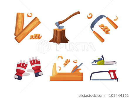 Wood Chopping Equipment with Axe, Saw, Glove and Panel Vector Set 103444161