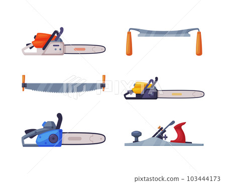 Wood Chopping Equipment with Metal Saw and Panel for carpentry Vector Set Wood Chopping Equipment with Metal Saw and Panel for carpentry Vector Set 103444173