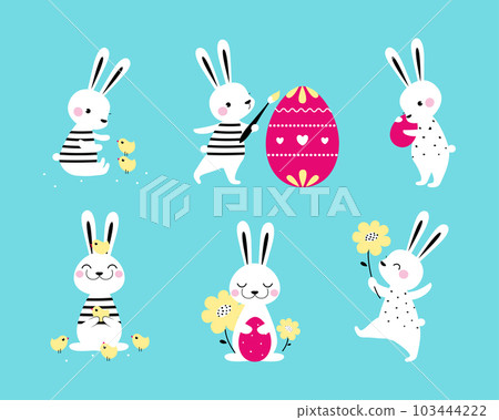 Cute Easter Bunny with Egg on Blue Background Vector Illustration Set Cute Easter Bunny with Egg on Blue Background Vector Illustration Set 103444222